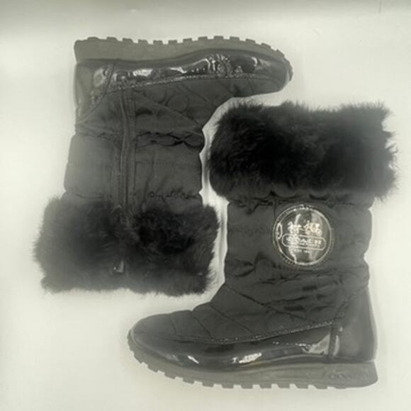 Coach Joyous A7303 Black Signature Logo Mid-Calf Snow Zip Boots 6 Fur Trim - Picture 1 of 8